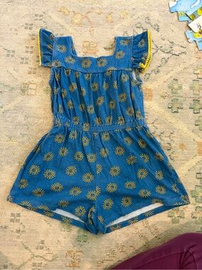 Harper Blue Sun Print Short Romper with Yellow Trim